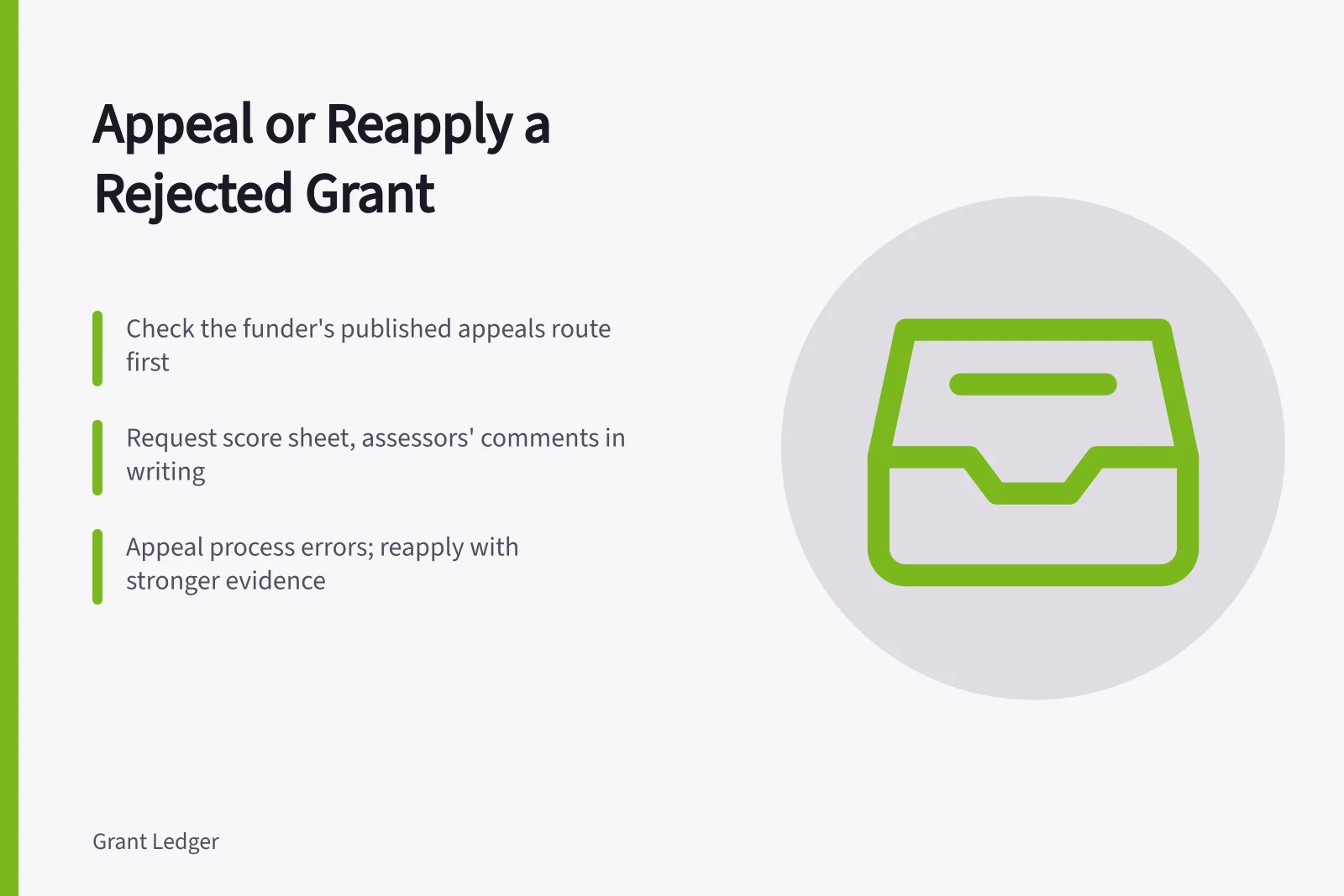 Card explaining how to appeal or reapply a rejected grant