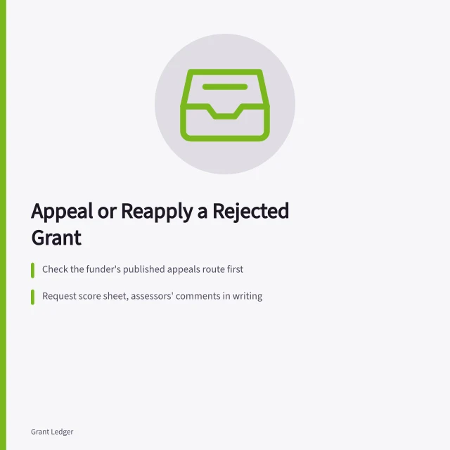 Card explaining how to appeal or reapply a rejected grant. How to appeal a rejected grant application and request feedback