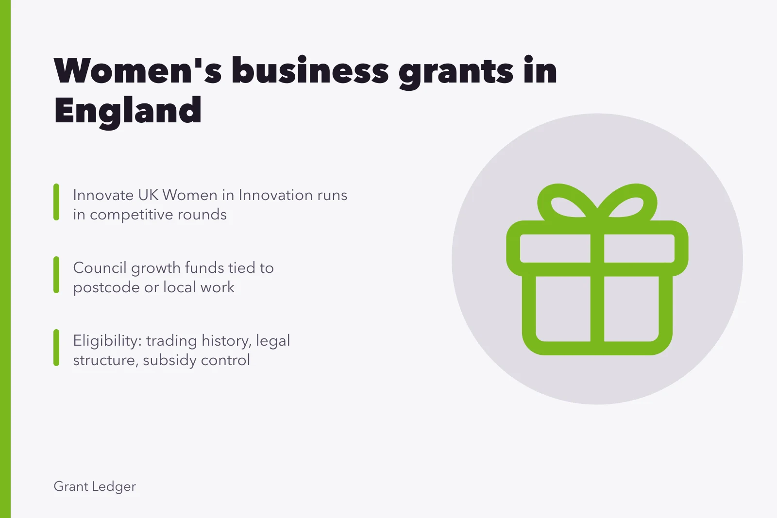 Card: Women's business grants in England, Innovate UK, council funds, eligibility checks