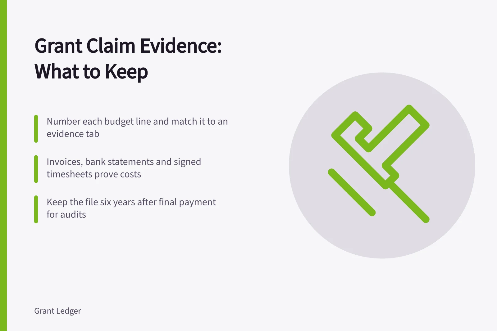 Grant claim evidence checklist: numbered budget lines, invoices, bank statements, six-year retention