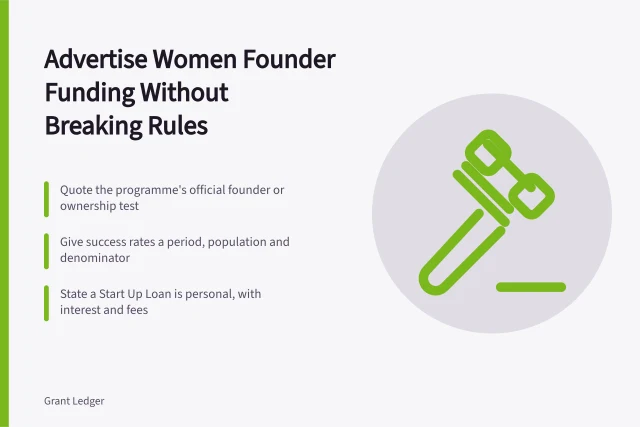 Compliance card on advertising women founder funding under FCA and CAP rules. Advertising women founder funding without tripping financial-promotion rules