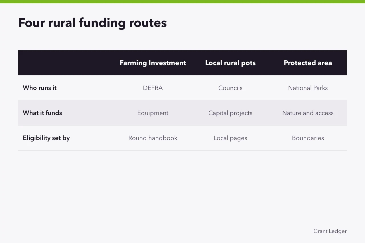 Comparison table of four rural funding routes and their owners (Rural business grants in England: what's available now)