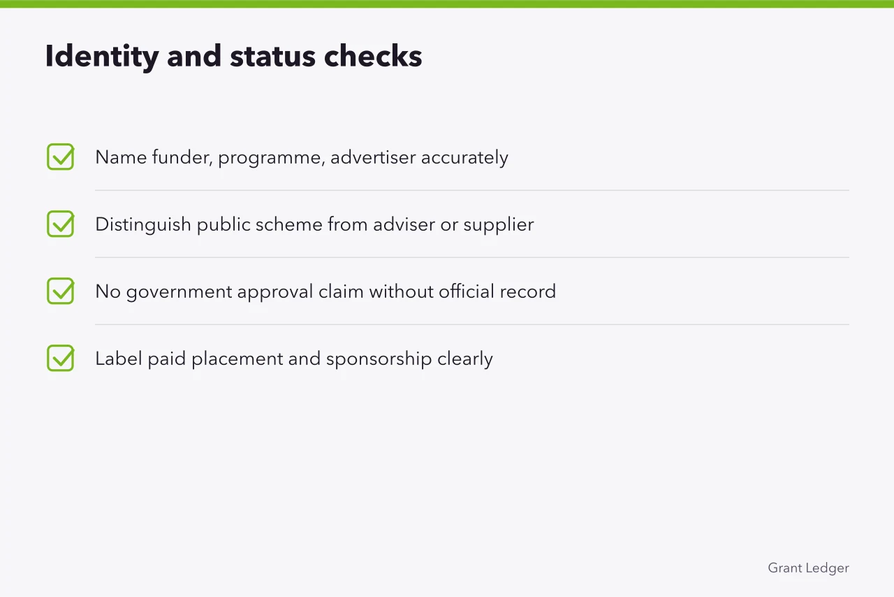 Checklist for naming funders and labelling sponsored grant advertising (Small business grants advertising rules: what an advert must prove)